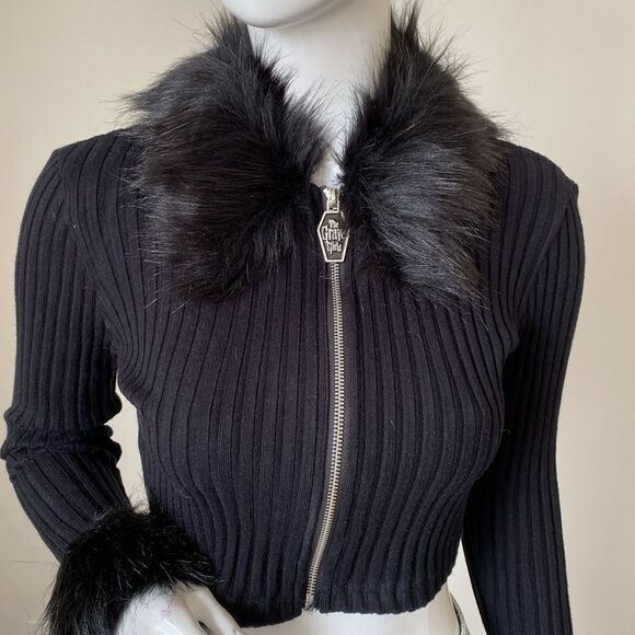 Dolls Kill Sweaters - Dolls Kill Brand Grave Girls Imaginary Joy Cropped Zip-up Cardigan Faux Fur Trim